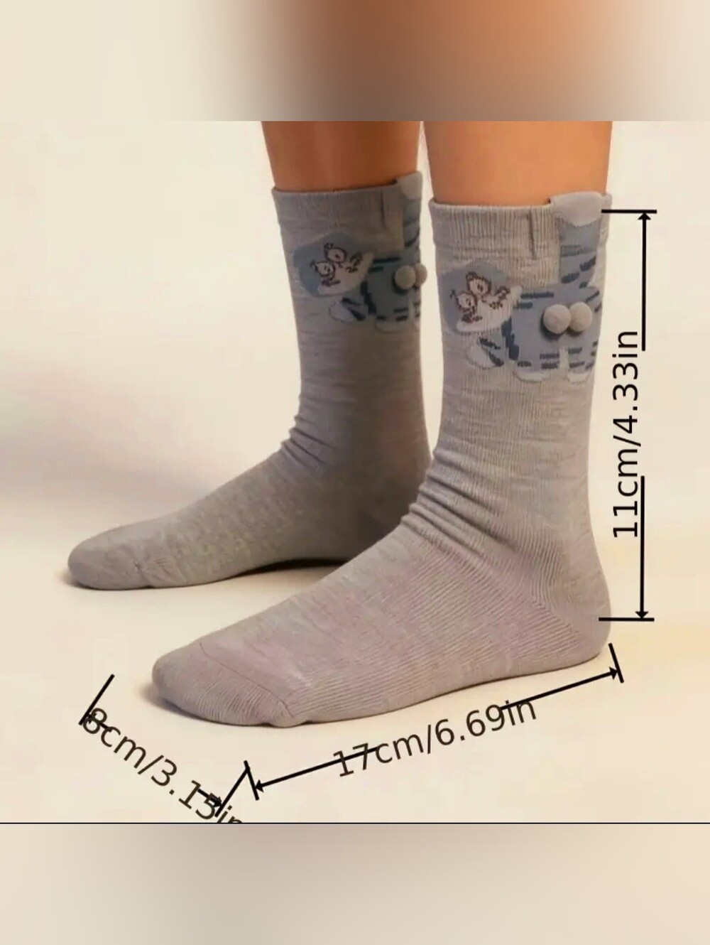 Three Pairs Cute Cat Crew Socks - Gray, Cream, Black - Picture 5 of 5